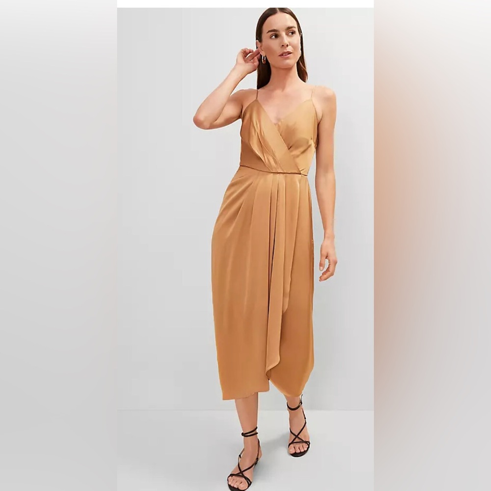 Ann Taylor Draped front satin effect pecan brown Midi Dress size 14 BRAND NEW
